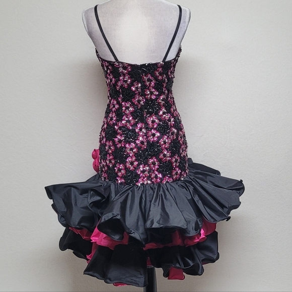 80s Vintage Alyce Designs Black Pink Sequin Floral Ruffle Bustier Mini Dress 6 - Picture 10 of 13
